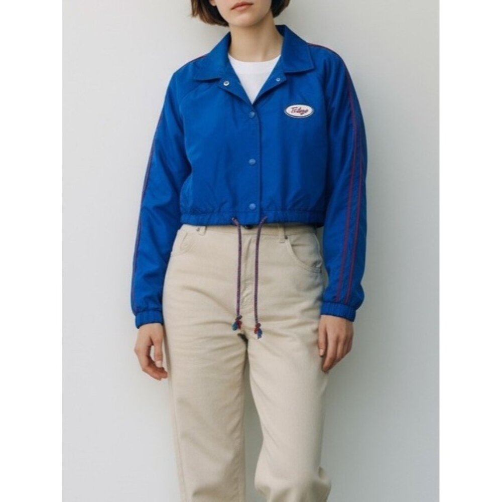 F21 Womens Cropped Windbreaker Jacket Blue With Red Racer Stripes Size Large New